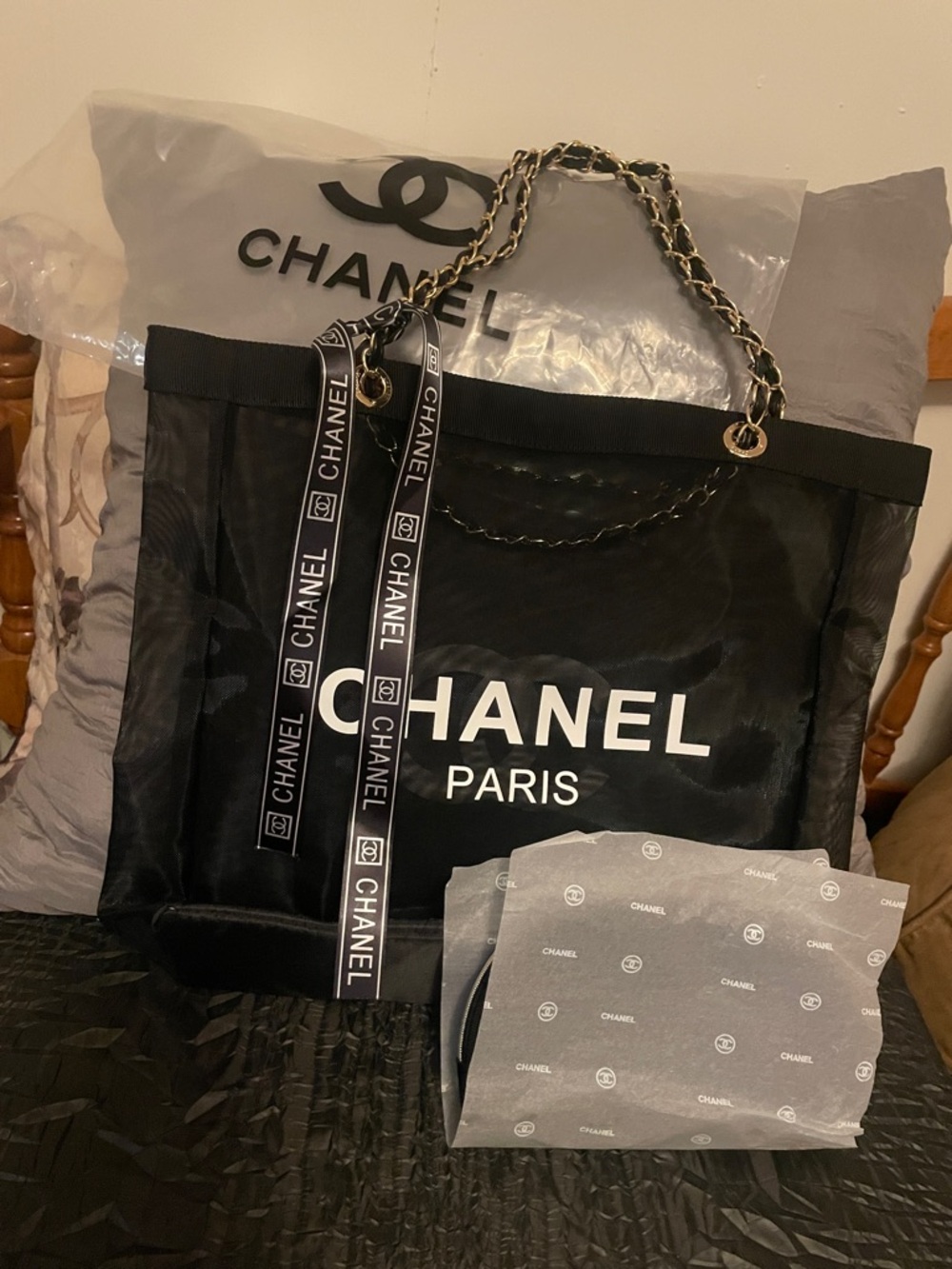 VIP/GWP Black Mesh Tote with Gold-Trim Chain Handles